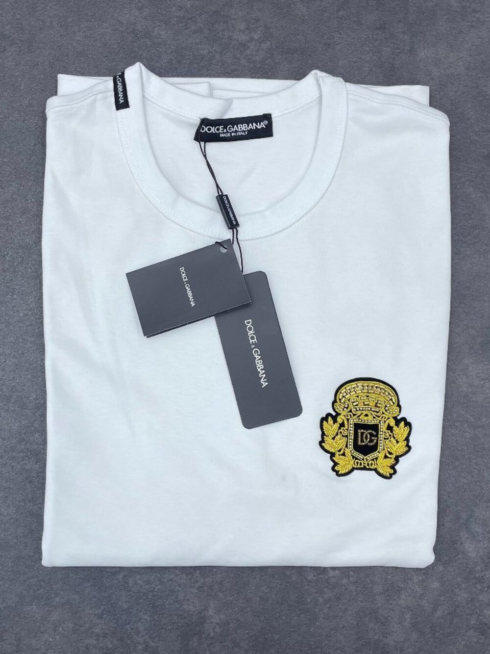 Dolce & Gabbana Men’s White Gold Crest Logo T-Shirt- Size 48 (Medium)